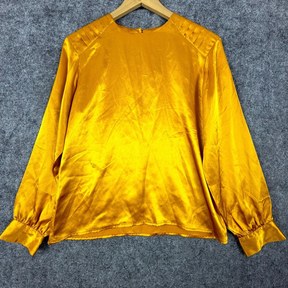 Vintage Notations Satin Blouse Top Womens 8 Petite Yellow Gold Office Chic